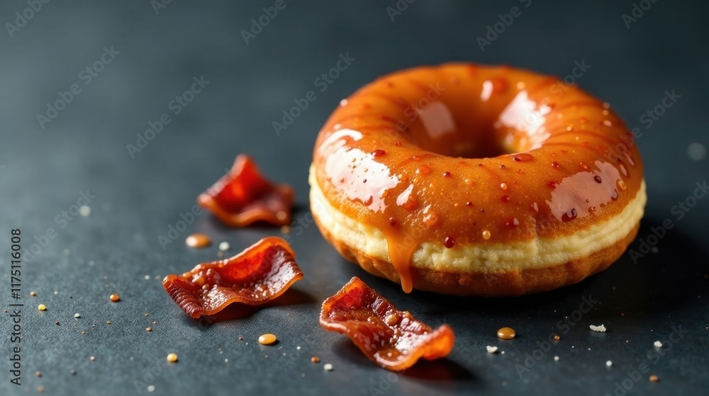 Obraz premium Sweet Glazed Donut with Crispy Bacon Pieces