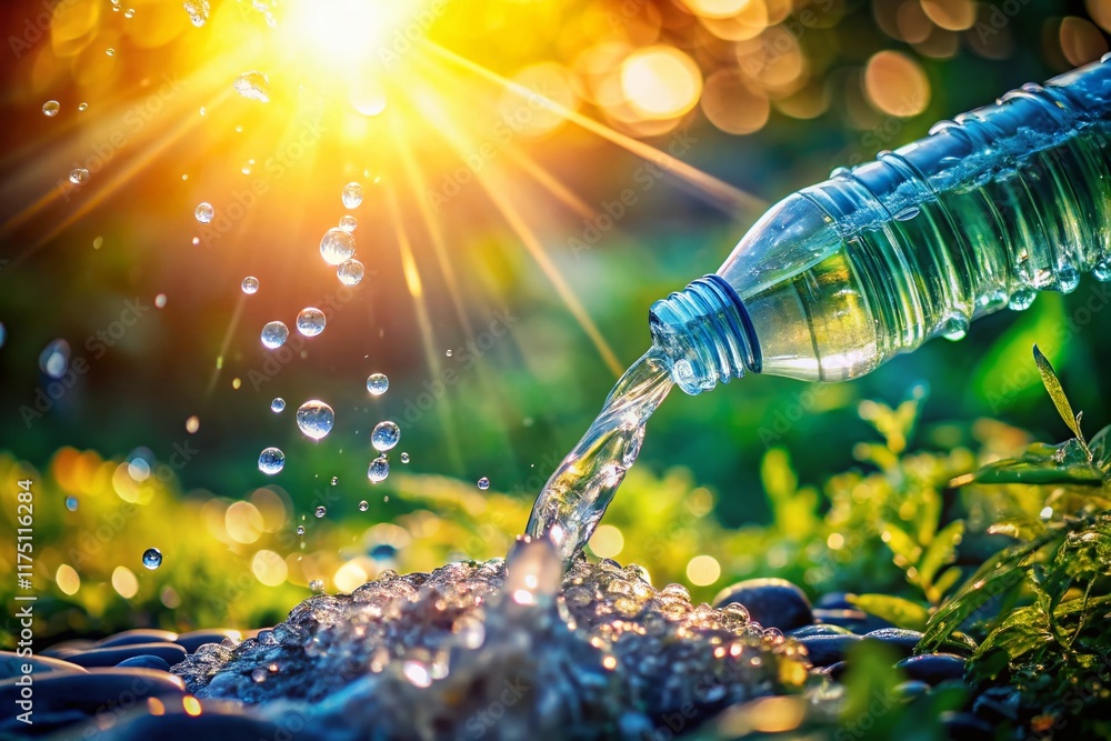 Refreshing Hydration: Candid Shot of Water Pouring from Plastic Bottle Refreshing Hydration: Candid Shot of Water Pouring from Plastic Bottle