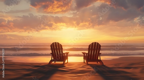  Two wooden chairs on a beach at sunset, with a hazy sky and a calm ocean in the background.