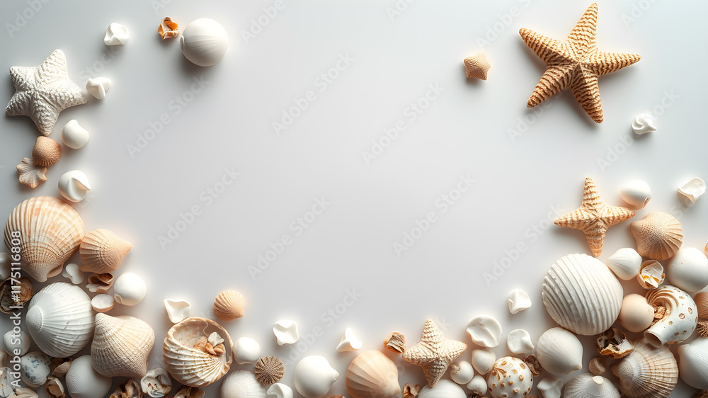 Obraz premium Frame made of seashells, text space. Generative AI