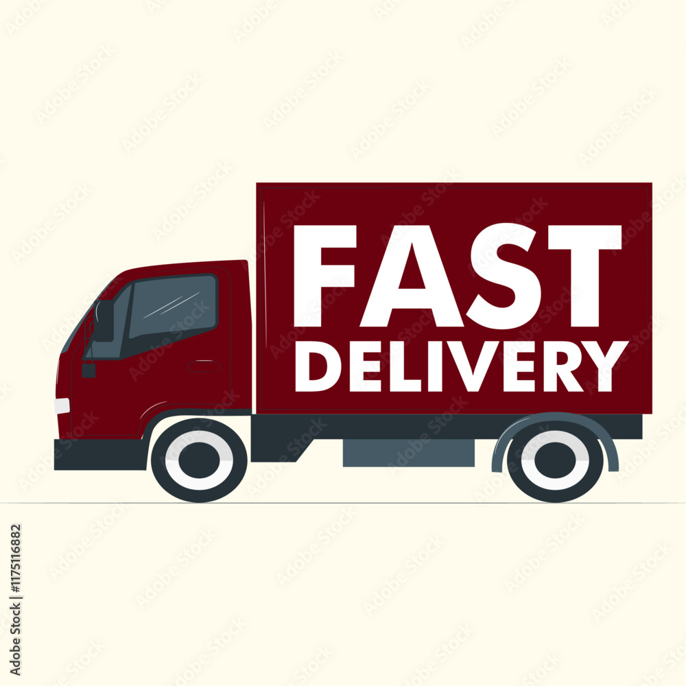 Delivery truck with a fast delivery message on its side driving through a bustling cityscape Delivery truck with a fast delivery message on its side driving through a bustling cityscape