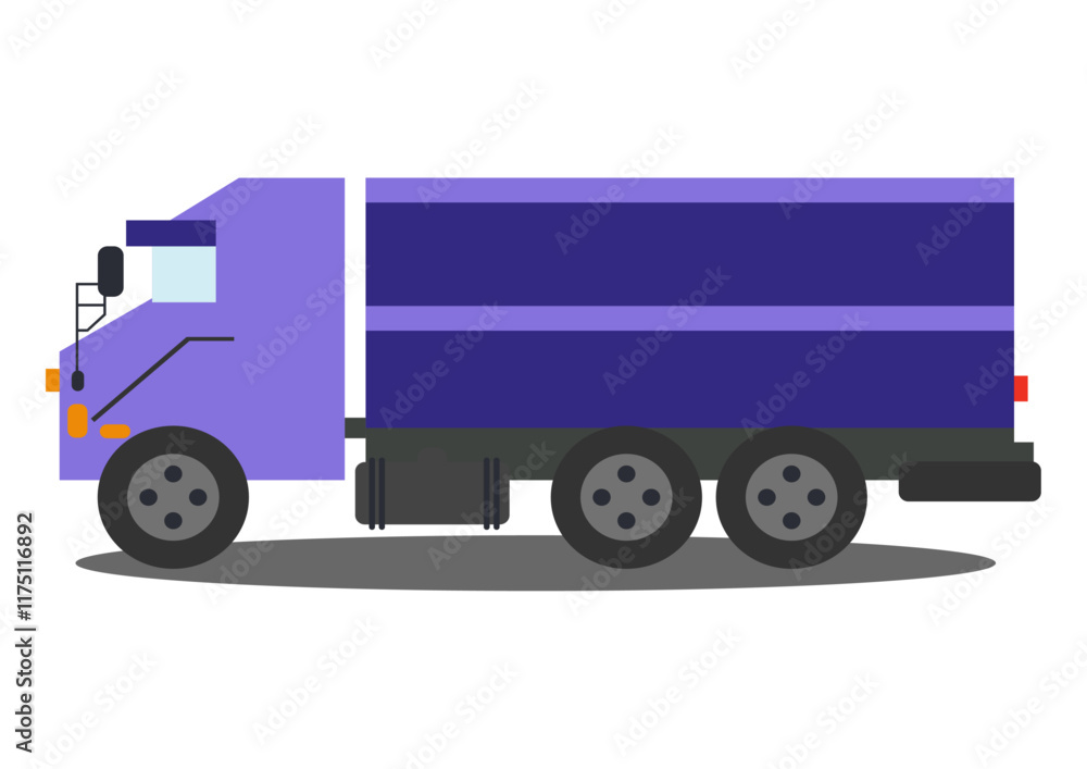 Fototapeta premium Purple truck with black wheels parked on a flat surface in a cartoon style environment during daylight hours