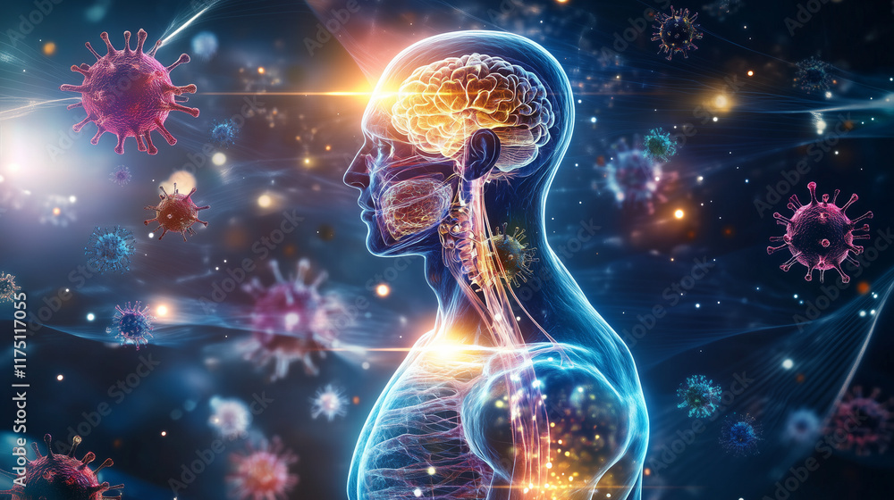 Glowing human figure with visible organs surrounded by viruses Glowing human figure with visible organs surrounded by viruses