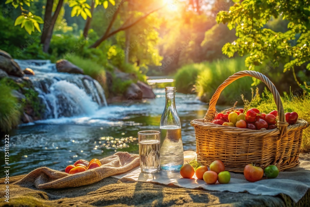 Refreshing Streamside Picnic: Sparkling Water & Summer Fruits Refreshing Streamside Picnic: Sparkling Water & Summer Fruits
