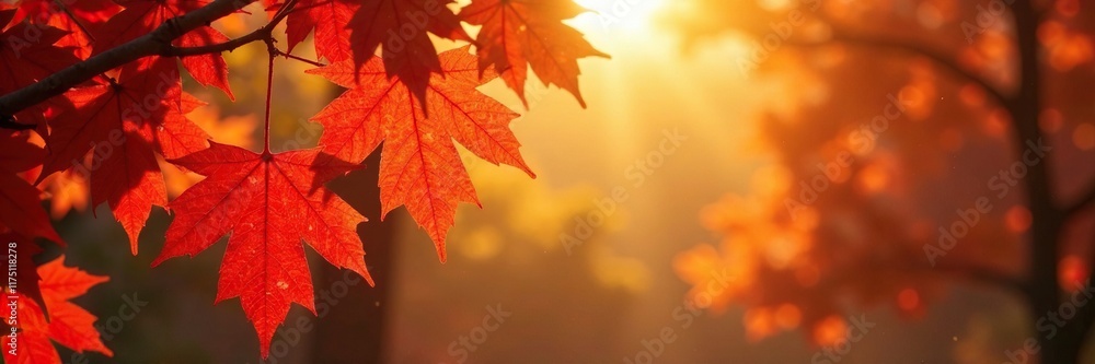 Fototapeta premium Golden light shining through red and gold maple leaves, sunlight, maple