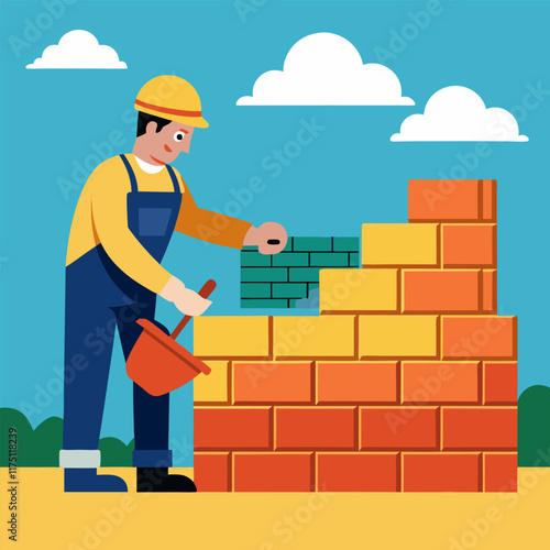 Construction worker building a brick wall.