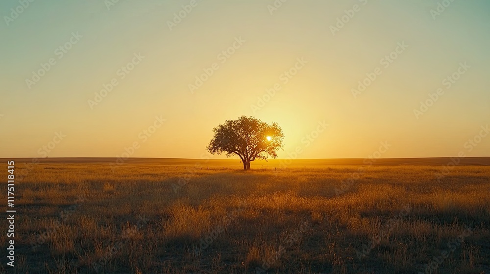 Obraz premium Solitary Tree Silhouette at Sunset in a Grassland Field