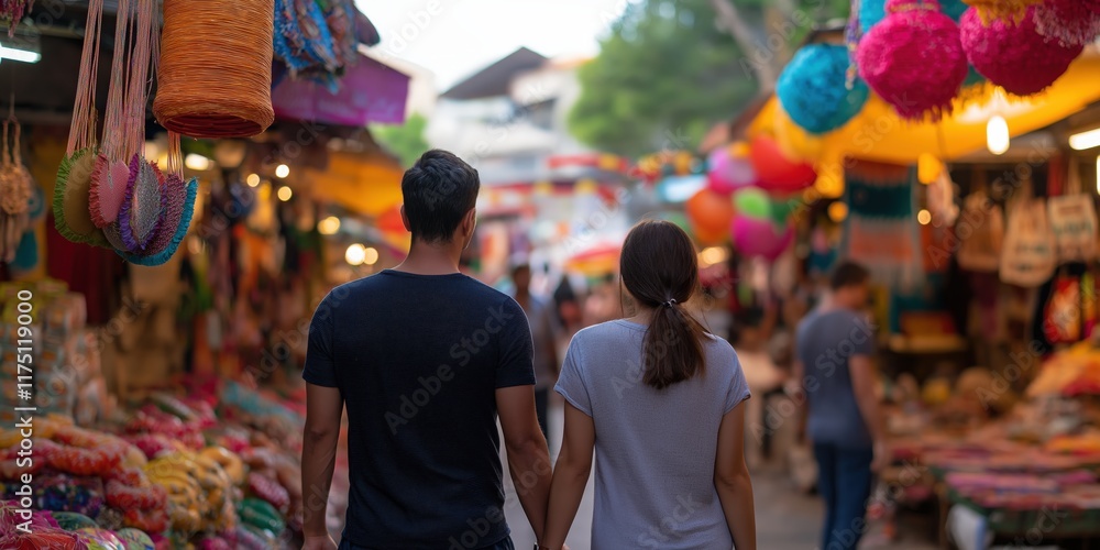 Naklejka premium A couple exploring a colourful local market, holding hands and admiring handcrafted goods, surrounded by vibrant stalls and friendly vendors