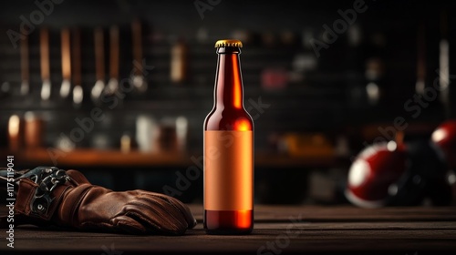 Beer bottle mockup in vintage motorcycle garage. Generative AI photo