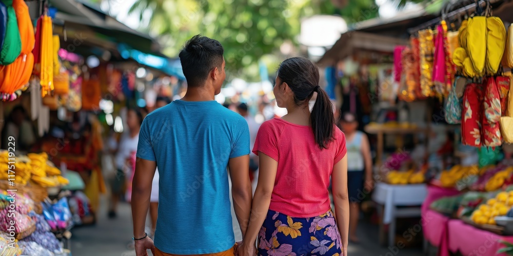 A couple exploring a colourful local market, holding hands and admiring handcrafted goods, surrounded by vibrant stalls and friendly vendors A couple exploring a colourful local market, holding hands and admiring handcrafted goods, surrounded by vibrant stalls and friendly vendors