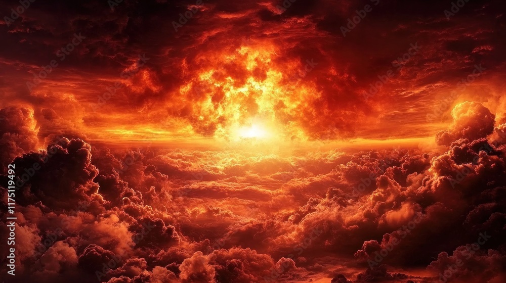 Red sky filled with fiery explosions and smoke, symbolizing chaos and destruction, with a horror concept and space for design text Red sky filled with fiery explosions and smoke, symbolizing chaos and destruction, with a horror concept and space for design text