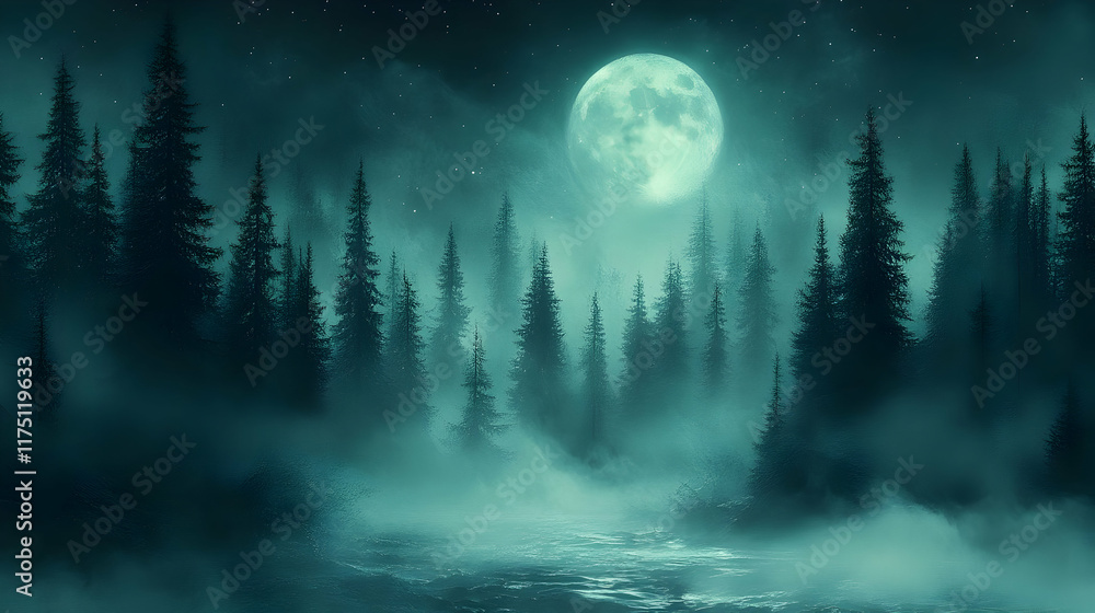 Mystical moonlit forest scene with fog, trees, and a stream. Mystical moonlit forest scene with fog, trees, and a stream.
