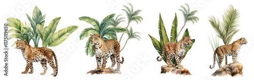 Watercolor leopards with green tropical palm leaves Animals illustration set