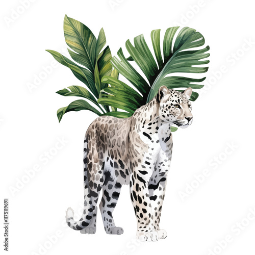Watercolor snow leopard with green tropical palm leaves Animals illustration set