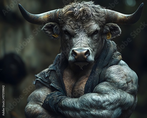 Powerful Bull Headed Bodybuilder Posing with Massive Arms Crossed  Emanating Fierce Strength and Unstoppable Prowess photo