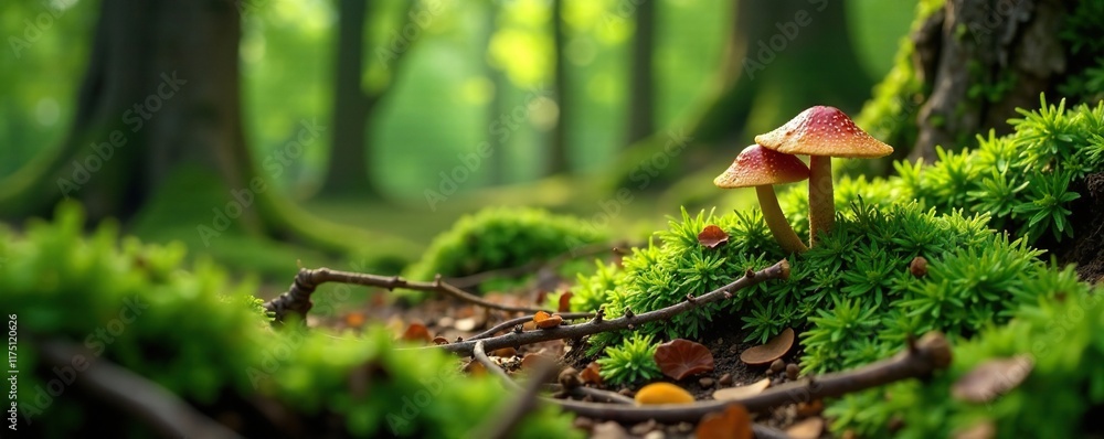 Fototapeta premium Mossy forest floor with scattered twigs and spotted mushrooms, texture, organic forms, moss forest