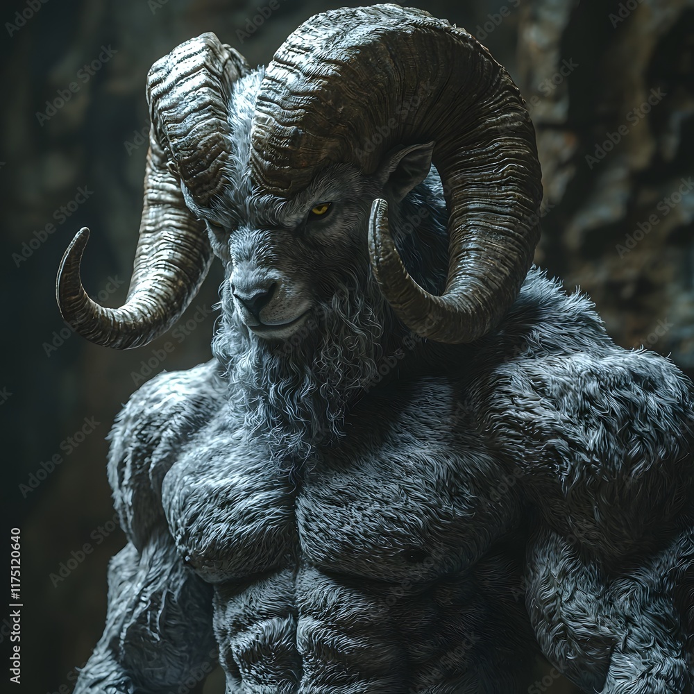 Obraz premium Fierce Ram Headed Bodybuilder Pushing Weights with Intense Determination