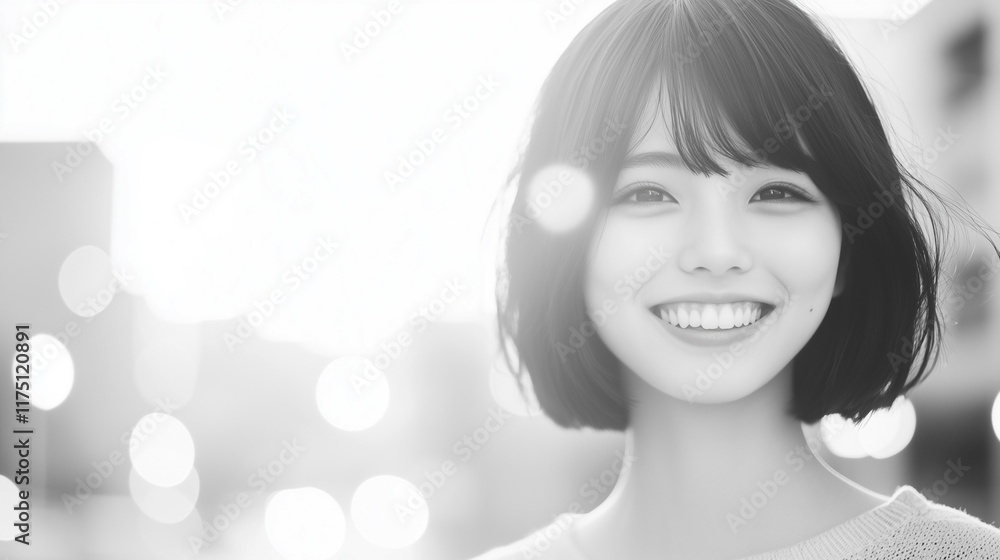 Fototapeta premium Black and White Portrait of a Smiling Woman in Backlight
