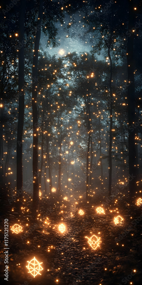 Fototapeta premium Magical glowing lights illuminate a mystical forest path at night.