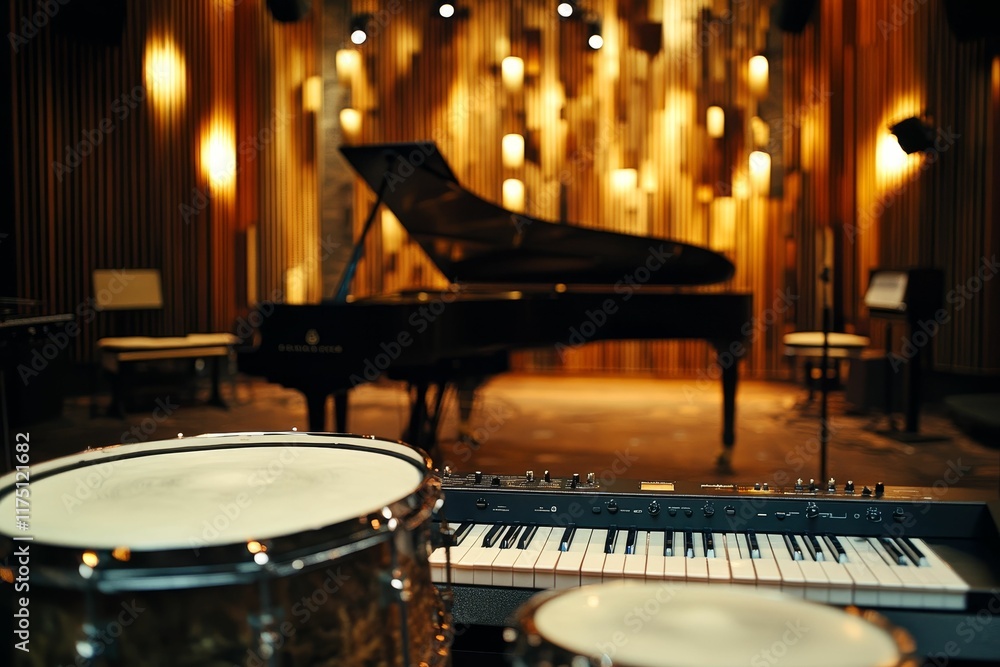 Obraz premium Musical instruments in a dimly lit room.
