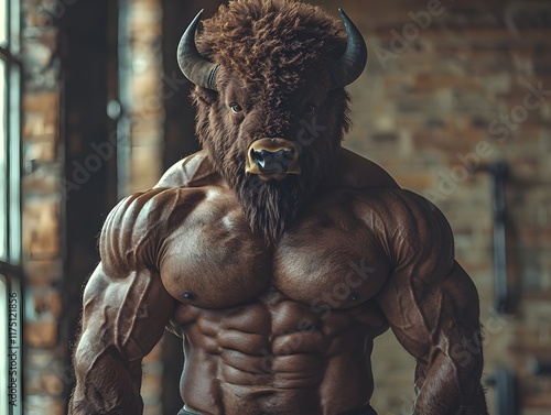 Bison headed Bodybuilder Showcasing Brute Force in Rustic Gym Backdrop photo