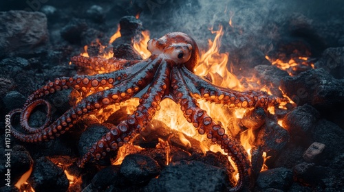 Octopus cooking over hot coals, with visible grill marks and glowing embers creating a rustic and authentic street food vibe photo