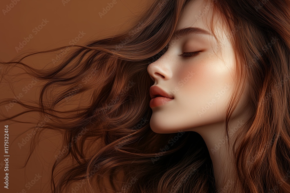 Naklejka premium young woman, 20s, flowing auburn muted mocha brown toned hair on a muted mocha brown background