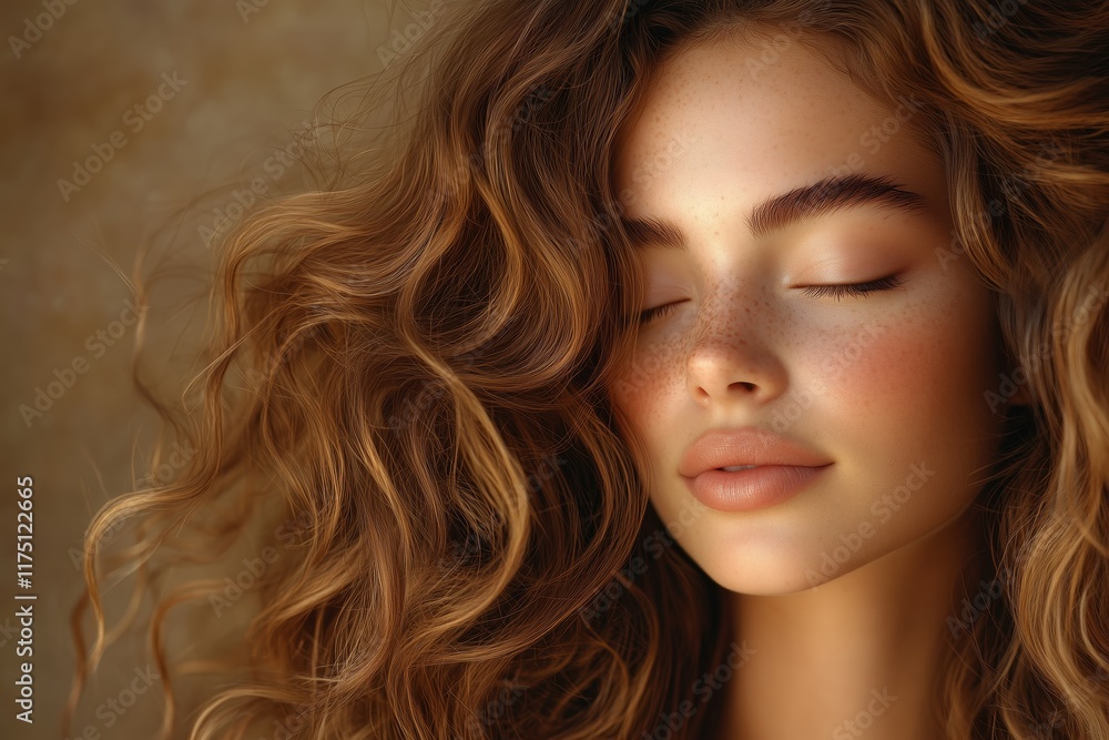 Naklejka premium young woman, 20s, flowing auburn muted mocha brown toned hair on a muted mocha brown background