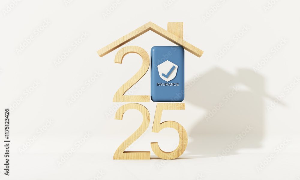 Naklejka premium Wooden 2025 numbers with a house-shaped roof and a blue insurance icon, symbolizing secure home insurance for the upcoming year. 3d rendering.