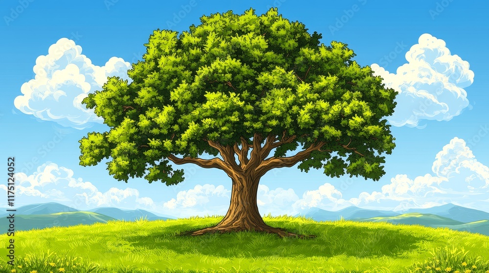 Obraz premium Pixelated Lush Green Tree on Sunny Hilltop Meadow