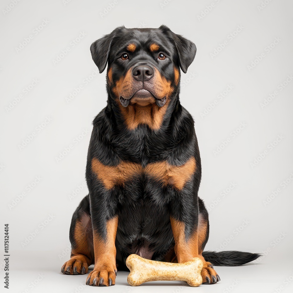 Fototapeta premium Majestic Rottweiler Sitting with a Bone on a Plain Background