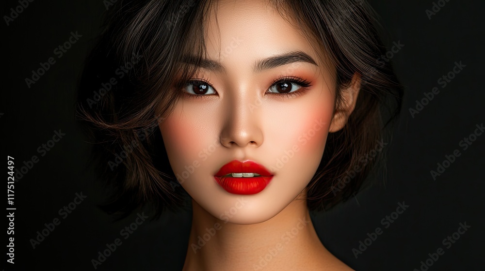 Fototapeta premium Portrait of a Young Woman with Red Lips and Dark Hair