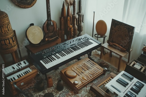 Musical instruments, sculptures, and art objects in a room. photo