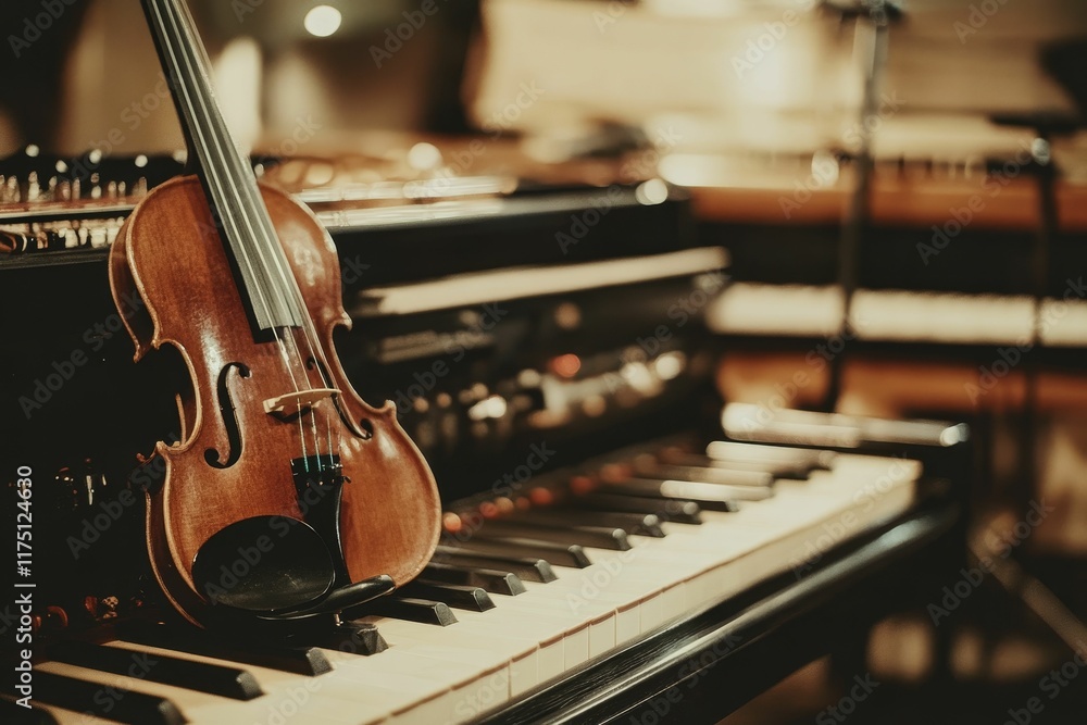 Fototapeta premium Violin rests on piano keys, musical instruments.
