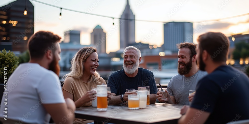 A group of friends sharing drinks and laughter on a rooftop bar, with the city skyline glowing in the warm light of a sunset A group of friends sharing drinks and laughter on a rooftop bar, with the city skyline glowing in the warm light of a sunset