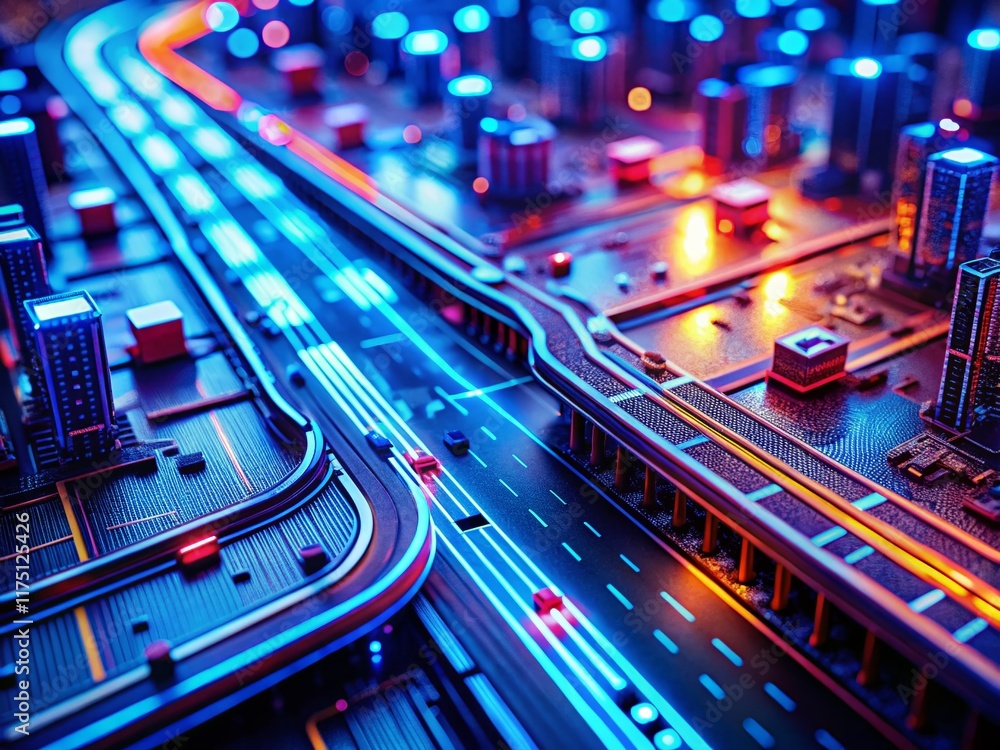 Fototapeta premium Retro Futuristic Cyber Highway: Blue & Red Circuit Tilt-Shift Stock Photo
