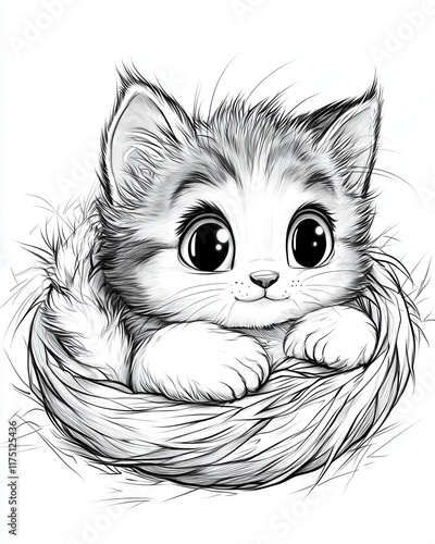 Cute cartoon kitten in a nest, black and white illustration. photo