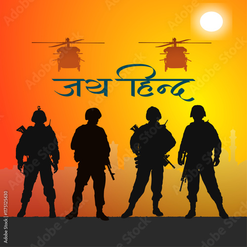 Vector illustration of Indian Army Day celebrating the victory of the Indian Army on Republic Day. Silhouette of Indian army soldiers with Jai Hind text in hindi