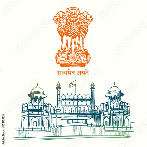 Vector illustration of red fort and satyamev jayate with ashok stambh.   26 January Happy Republic Day India Vector Illustration