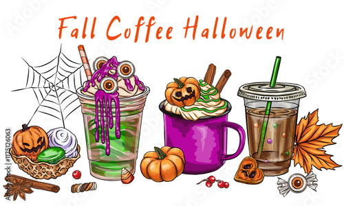 scary till i get coffee all Coffee Halloween, food, leaves, coffee Vector collection of cute Halloween mugs. Hot cocoa with marshmallow