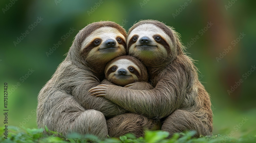 Fototapeta premium A heartwarming scene of three sloths embracing in a lush green environment.
