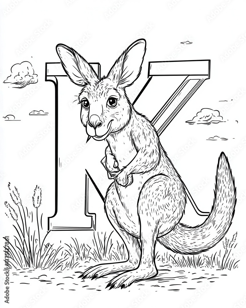 Obraz premium Black and white illustration of a kangaroo with the letter K.