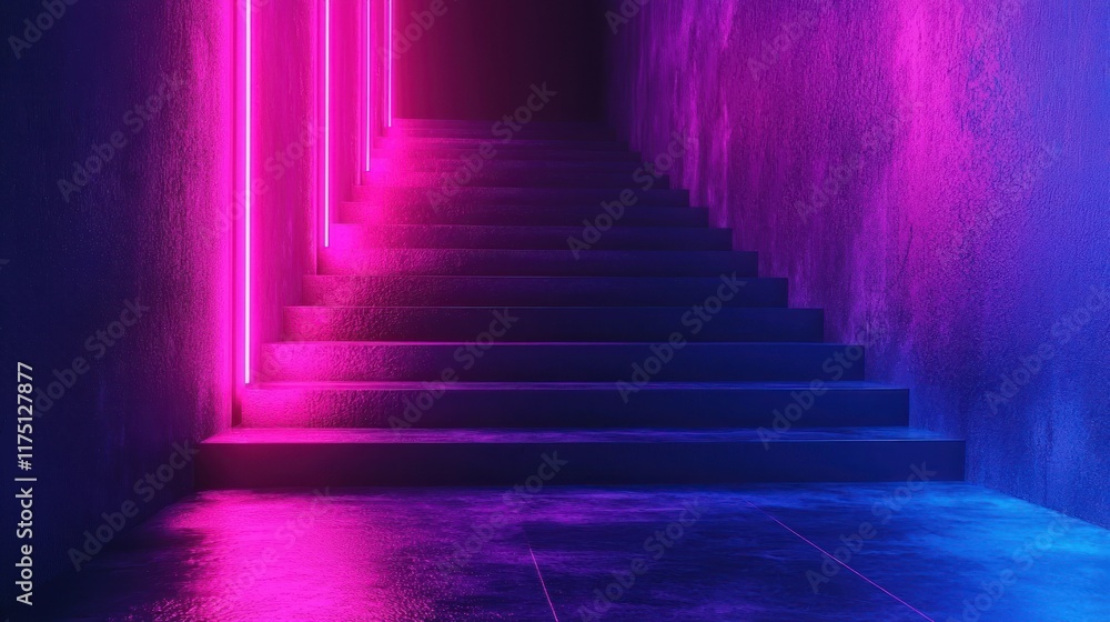Neon Lit Staircase Ascending Into Darkness Neon Lit Staircase Ascending Into Darkness