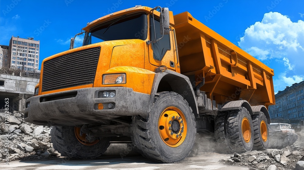 Obraz premium Powerful Yellow Dump Truck on Rough Terrain, Dust and Debris