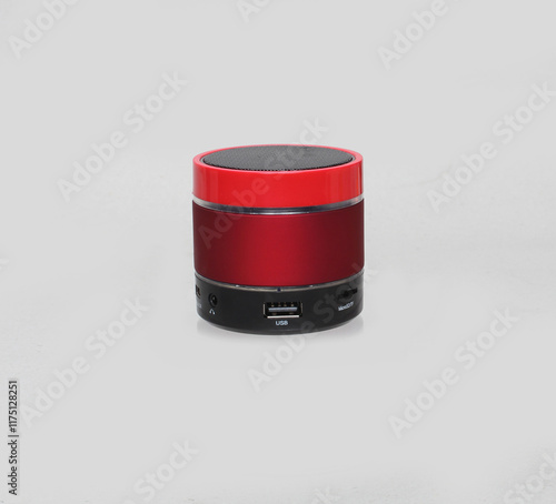 Portable wireless Bluetooth connectivity speaker isolated on white background. 