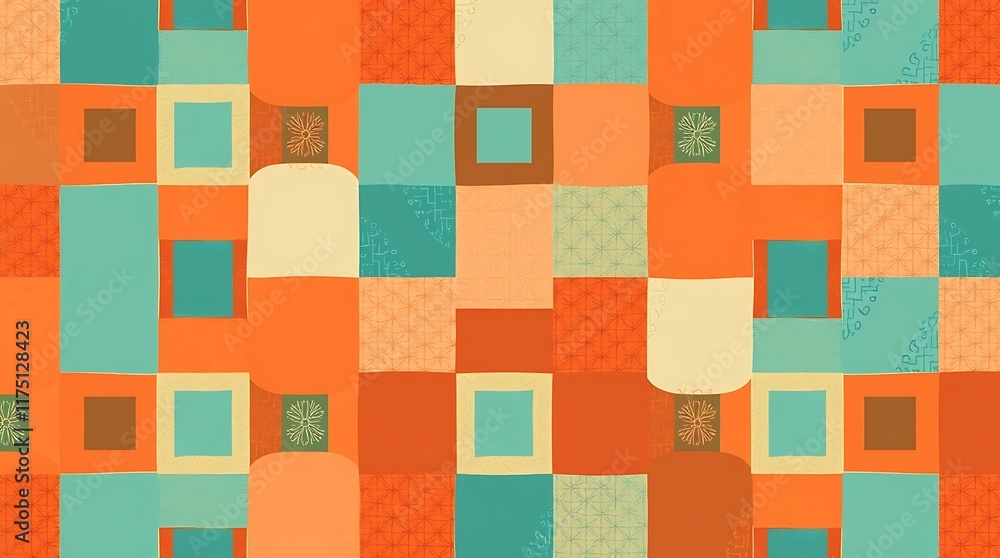 Vibrant Geometric Patchwork: A captivating seamless pattern of orange, teal, and cream squares, rectangles, and organic shapes. Ideal for textile design, backgrounds, and branding. Vibrant Geometric Patchwork: A captivating seamless pattern of orange, teal, and cream squares, rectangles, and organic shapes. Ideal for textile design, backgrounds, and branding.