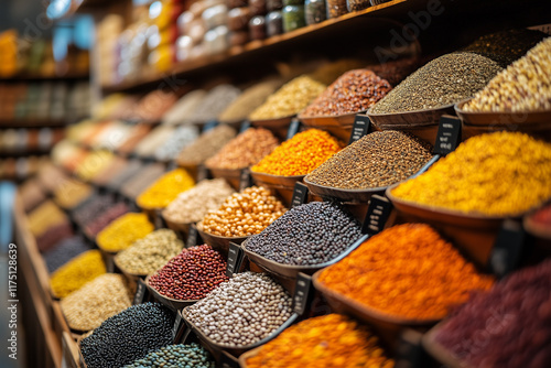 Various colorful spices and herbs on the shelves in the market