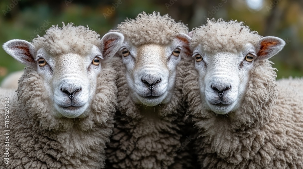 Three fluffy sheep with expressive faces standing closely together in a natural setting. Three fluffy sheep with expressive faces standing closely together in a natural setting.