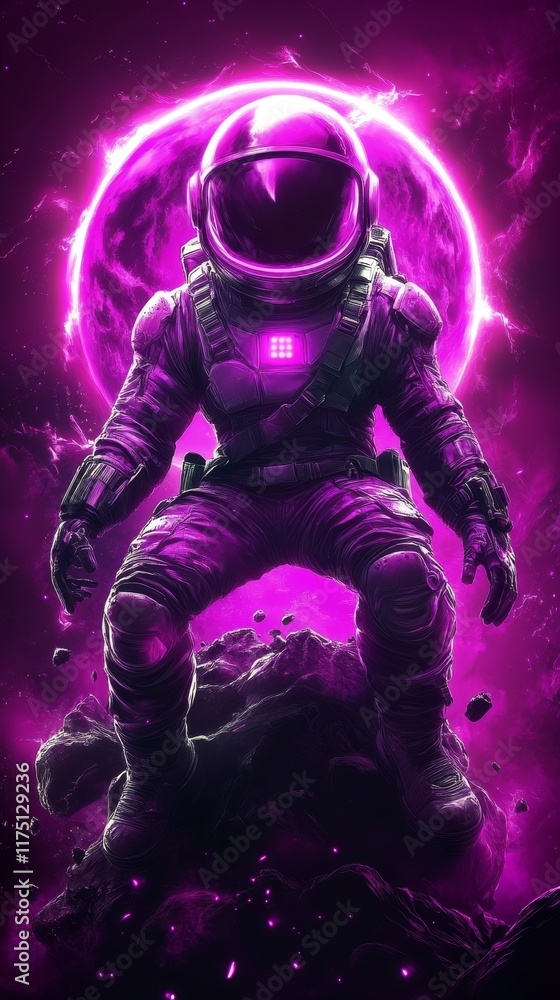 Naklejka premium Purple Astronaut on a Desolate Alien Planet, Illuminated by a Glowing Orb