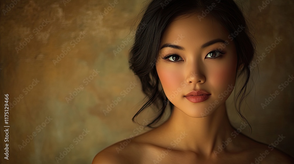 Naklejka premium A Young Woman With Dark Hair Poses Against A Brown Background